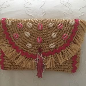 Pink Cockatoo Ribbon Straw Clutch NWT